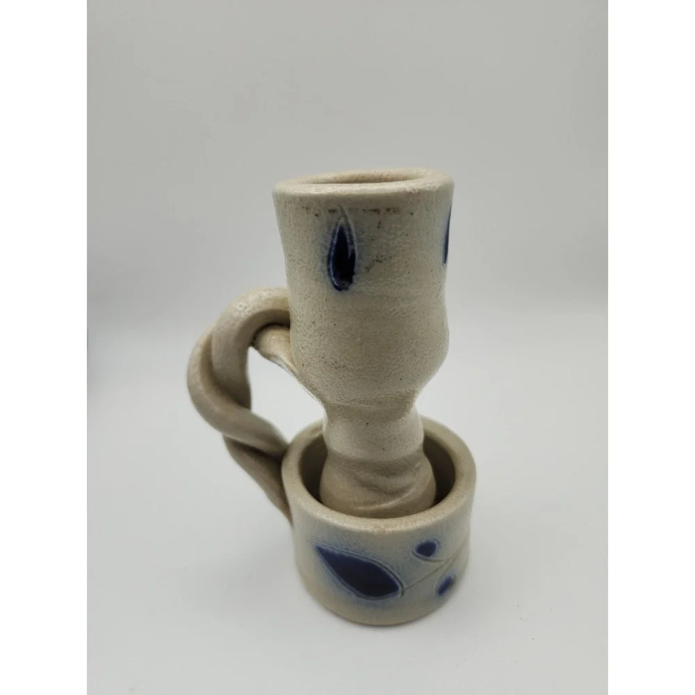 Vintage Hand-Carved Williamsburg Pottery Cobalt Salt Glazed Candle Holder 4